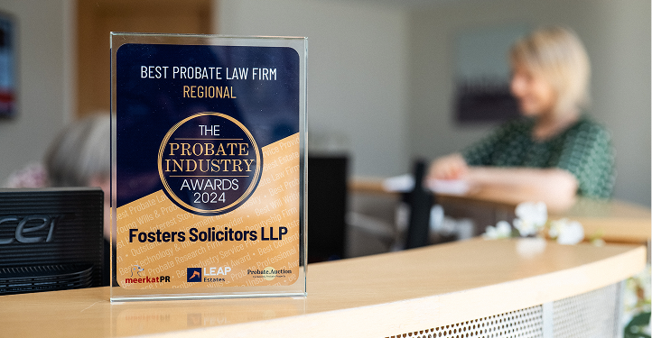 Fosters Solicitors' Best Probate Law Firm Regional award from the Probate Industry Awards 2024